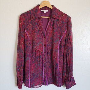 Coldwater Creek 100% Silk Paisley Semi Sheer Top Burgundy Large Boho Whimsigoth